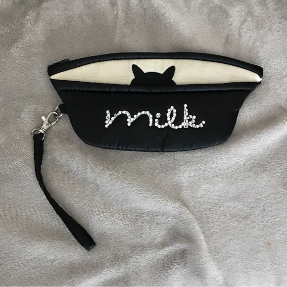 Handbags - Satin Cat Milkbowl Bedazzled Rhinestones Purse‎ Clutch Accessory with Wristband